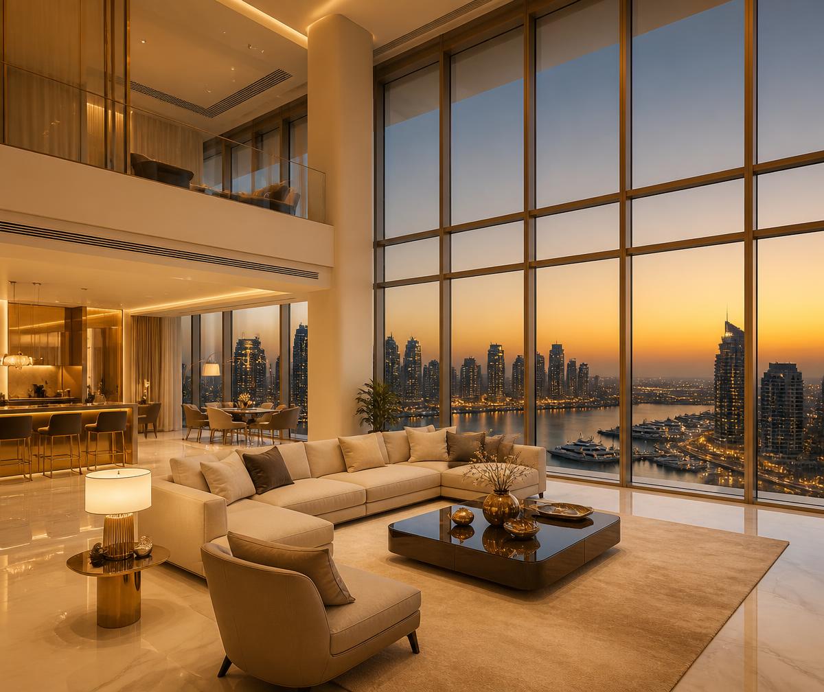 Luxury Dubai apartment interior overlooking the marina